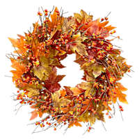 Warm Light LED Maple Leaves & Berries Wreath with Timer, 22"