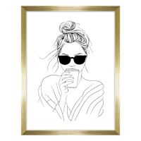 Girl Drinking Coffee Frames Line Drawing Wall Art, 17x13