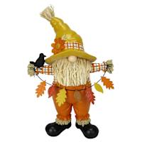 15 in Resin Scarecrow Gnome with Leaf Garland and Raffia Trim