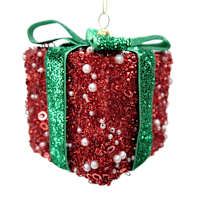 Red & Gold Glittered Beaded Gift Box Ornament, 3.5"