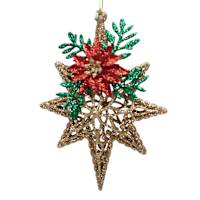 Gold Star with Red Poinsettia Ornament, 5"