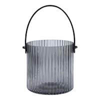Smoke Ribbed Glass Lantern with Black Leather Handle, 4.7"