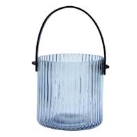 Blue Ribbed Glass Lantern with Black Leather Handle, 4.7"