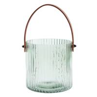Ribbed Glass Lantern with Brown Leather Handle, 5"