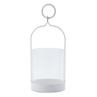 White Metal and Glass Lantern With Ring Handle, 8"