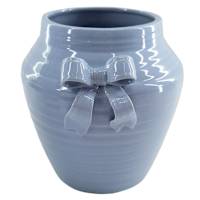 Blue Ceramic Vase with Bow, 8.75"