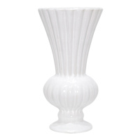 White Ribbed Ceramic Pedestal Vase, 15.7"
