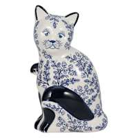 Blue & White Sitting Ceramic Chinoiserie Cat, 8"