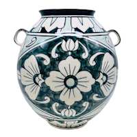 Teal Handpainted Vase with Small Handles, 11"