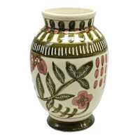 Green and Pink Hand Painted Floral Ceramic Vase, 9"