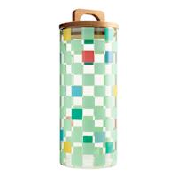 REAL SIMPLE Green Check Print Glass Canister with Acacia Lid, 45oz