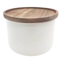 REAL SIMPLE Stackable White Ceramic Canister with Acacia Wood Lid, 3.2cup