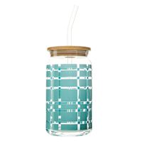 REAL SIMPLE Blue Grid Glass Tumbler with Bamboo Lid, 16oz