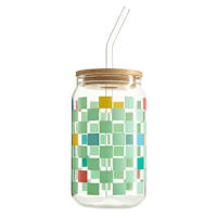 REAL SIMPLE Green Checkered Glass Tumbler with Bamboo Lid, 16oz