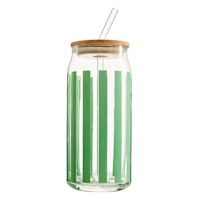 REAL SIMPLE Green Striped Glass Tumbler with Bamboo Lid, 24oz