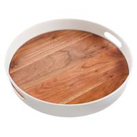 REAL SIMPLE White Metal Serving Tray with Rotating Acacia Wood Base, 16.5"