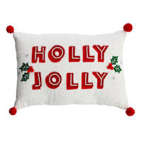 Holly Jolly Embroidered Textured Throw Pillow with Pom-Poms