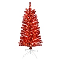 (A11) Pre-Lit Red Tinsel Christmas Tree, 4'