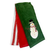 3 Pack Red & Green Snowman Hand Towels