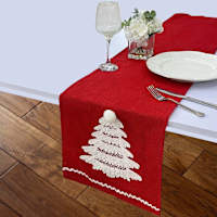 White Chenille Tree on Red Table Runner, 72x13