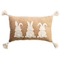 Jute & Cotton Embroidered Bunny Throw Pillow with Tassels, 14x22
