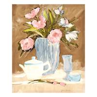 Bouquet of Flowers with A Cup of Tea Canvas Wall Art, 16x20