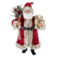 Homespun Red Coat Fur Trim Santa with Gift, 11"