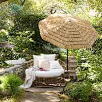 Puebla Daybed Natural Wicker with Natural Canvas Cushions, Pillows, Umbrella and Base 3-Piece Set