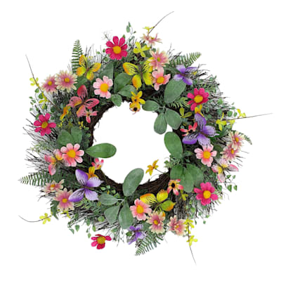Yellow & Purple Daisy with Butterflies Floral Wreath, 24