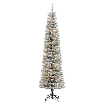 (A24) Pre-Lit LED Flocked Slim Summit Fir Pencil Christmas Tree, 6.5'
