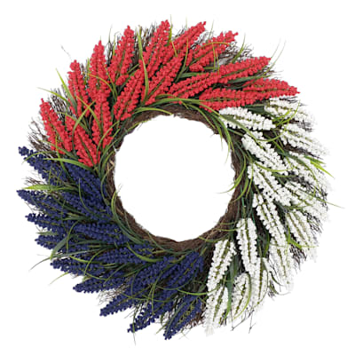 Patriotic Red, White & Blue Heather Floral Wreath, 22