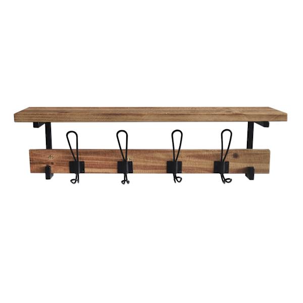 Wooden Wall Shelf with Hooks, 24"