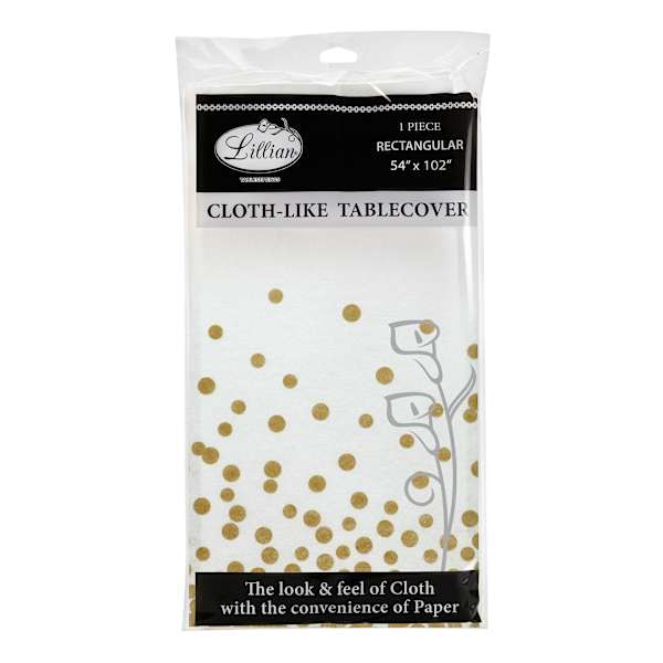 Lillian Table Settings White with Gold Confetti Cloth-Like Table Cover, 54x102