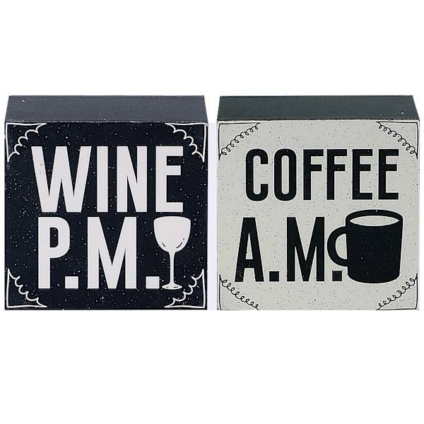 Coffee A.M. Wine P.M. Reversable Wooden Block Sign, 4"