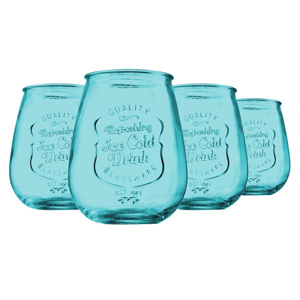 Set of 4 Aqua Retroware Stemless Wine Glass, 21oz