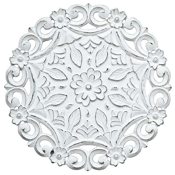 Hand Carved White Wooden Ornate Panel Wall Decor, 16"