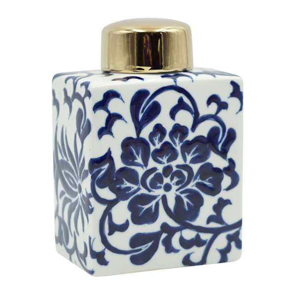 Blue Ceramic Floral Jar with Golden Lid, 7"