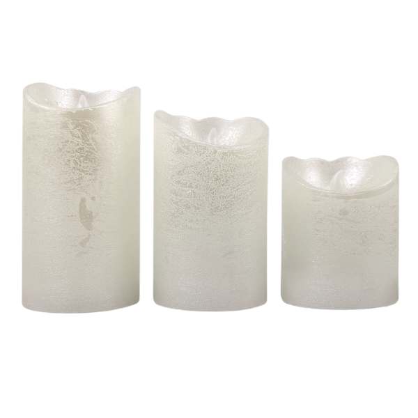 Set of 3 Pearl White Beveled Wax LED Pillar Candles, 4"/5"/6"