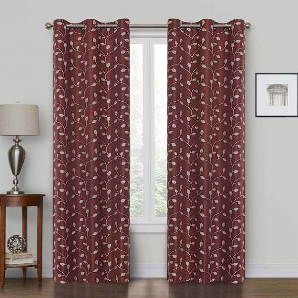 Rockwell Burgundy Embroidered Blackout Grommet Curtain Panel, 84"