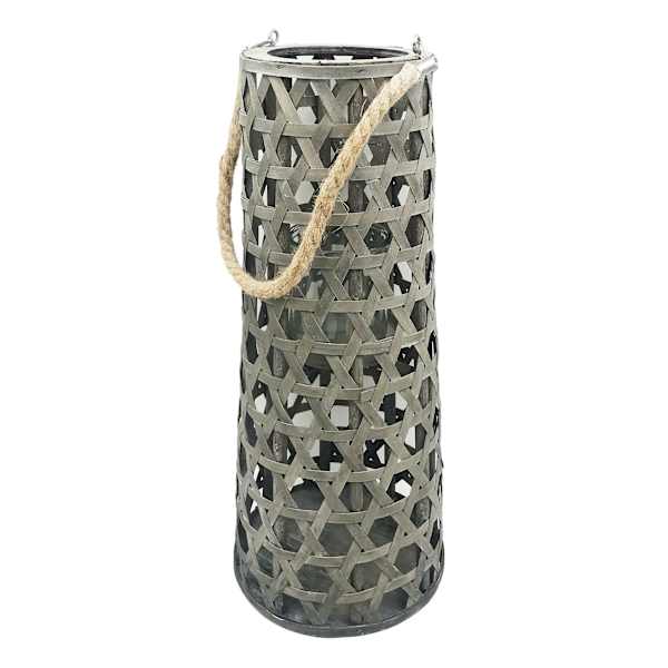 Grey Wood Cutout Lantern with Rope Handle, 20"