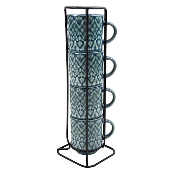 Set of 4 Blue Geo Espresso Mugs, 3oz