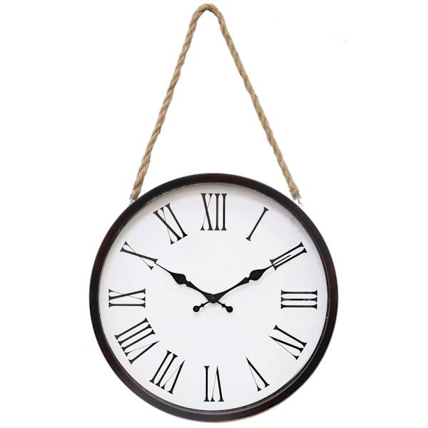 Black Hanging Round Wall Clock with Rope, 16"
