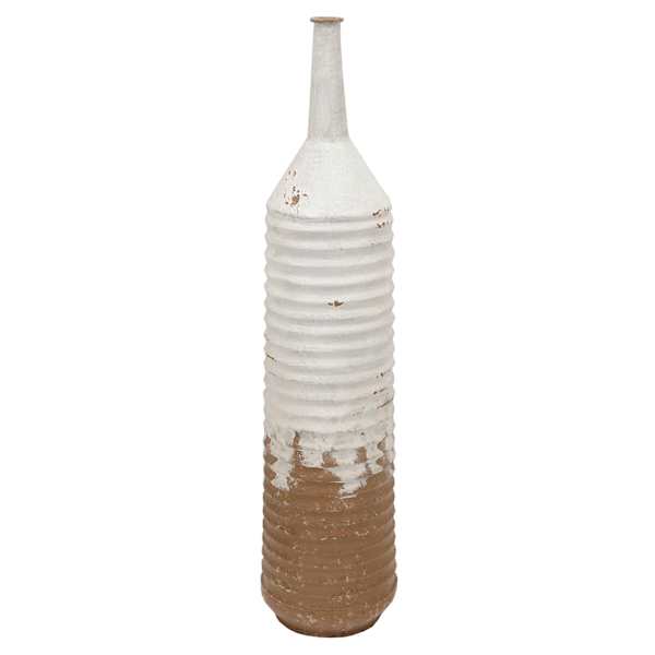 White & Tan Ribbed Metal Vase, 22"