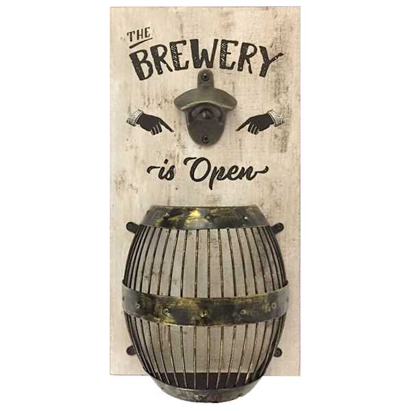 The Brewery Is Open White Bottle Opener with Barrel Cap Catcher, 8x15
