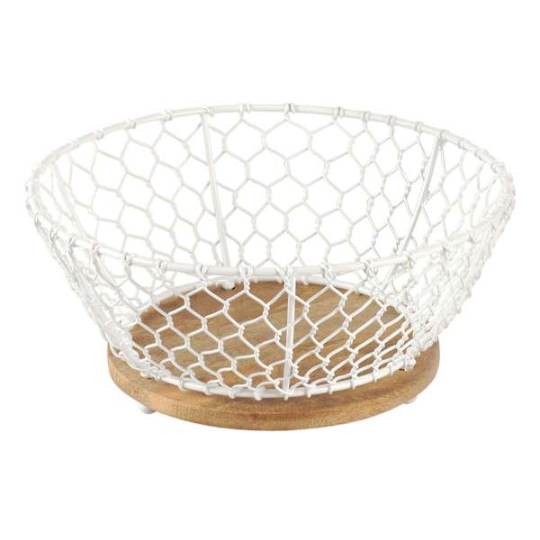 White Iron Chicken Wire Weave & Mango Wood Basket, Small