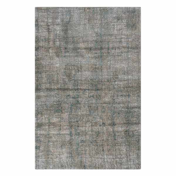 (B570) Ivory, Grey & Blue Modern Grid Design Area Rug, 5x8