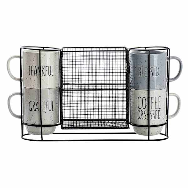 Speckled Sentiment Coffee Mugs with Cupkeeper Rack, 14oz