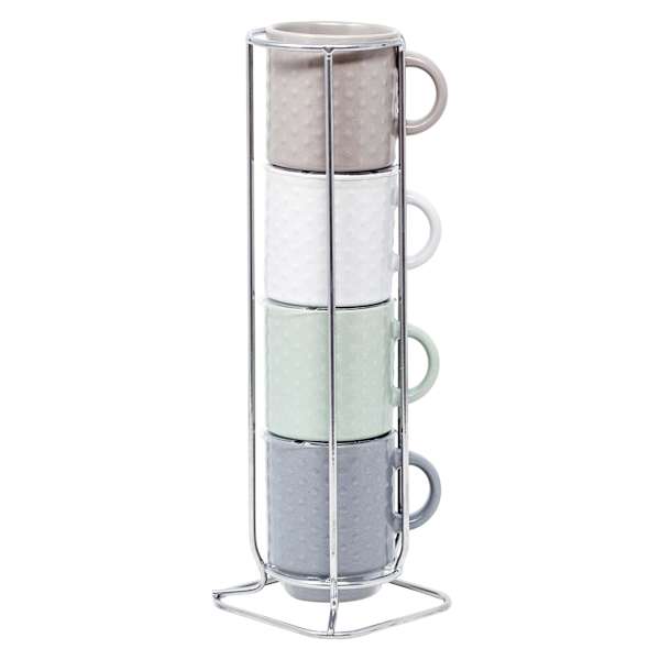 Set of 4 Stacked Embossed Espresso Mugs, 3oz