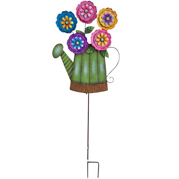 Green Metal Watering Can with Flowers Yard Stake, 38"