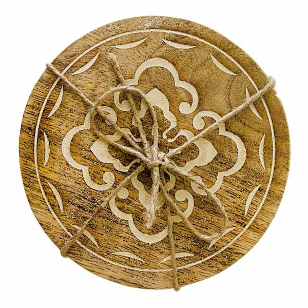 Set of 4 Etched Medallion Patterned Wood Coasters, 3.9"